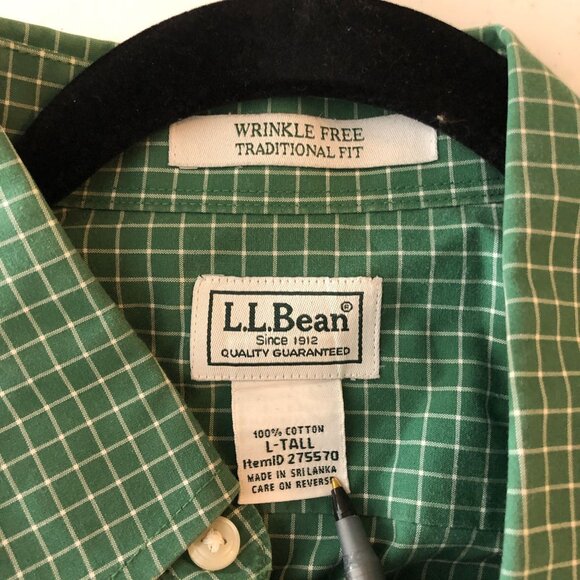 LL Bean Mens Button Down Shirt Wrinkle Free Traditional Fit Plaid Green L Tall - Picture 3 of 3